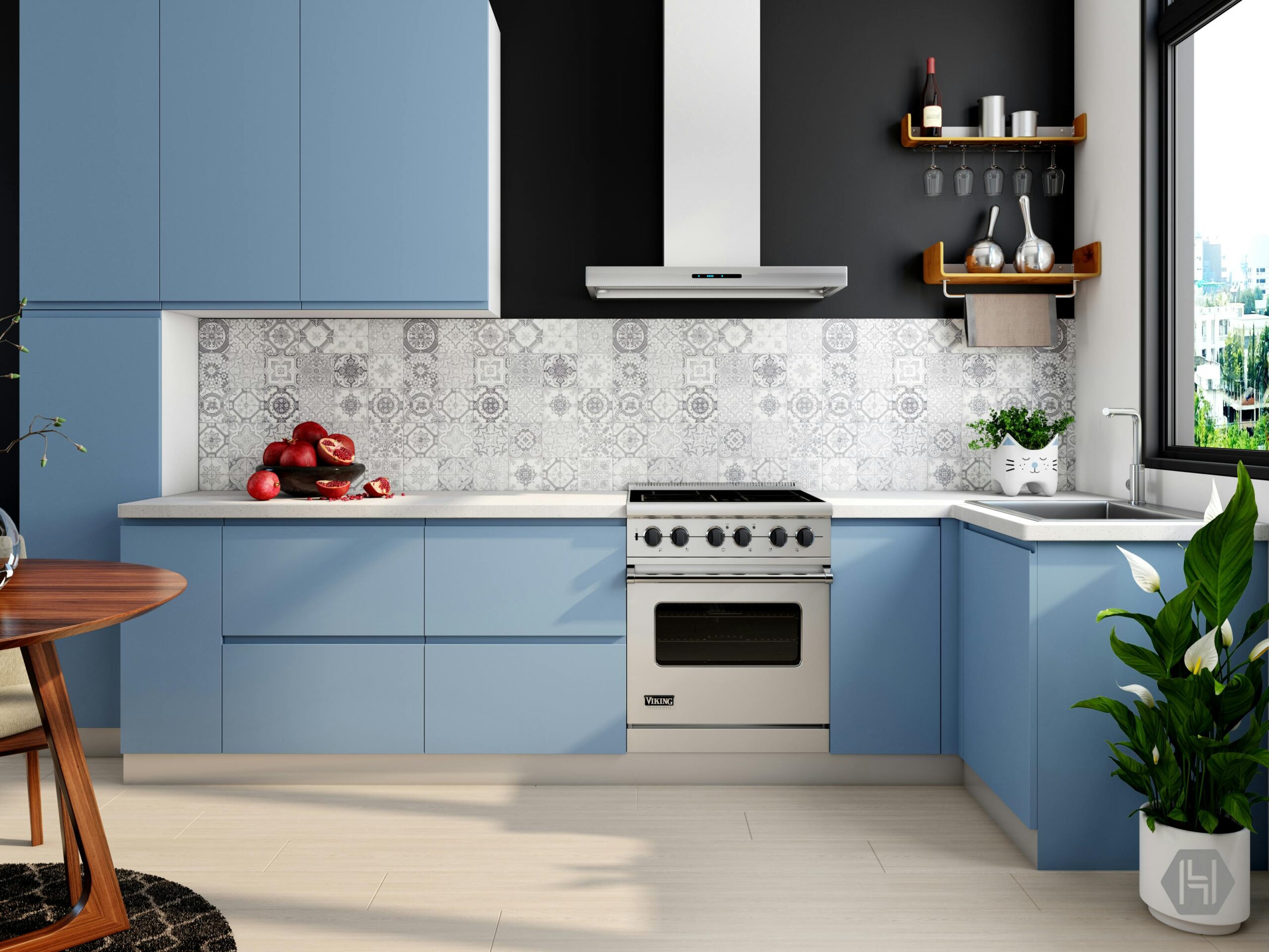 Sleek blue kitchen with elegant decor, featuring white backsplash and modern appliances.